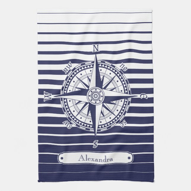 Compass Rose Blue Stripes Tea Towel (Vertical)