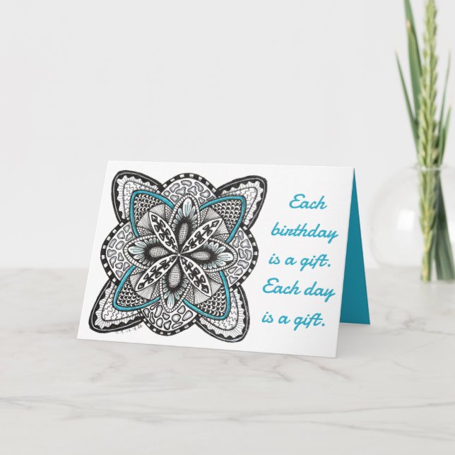 Compass Rose Hand-Drawn Doodle with Blue Birthday Card (Front)