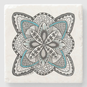 Compass Rose Hand-Drawn Doodle with Turquoise Stone Coaster