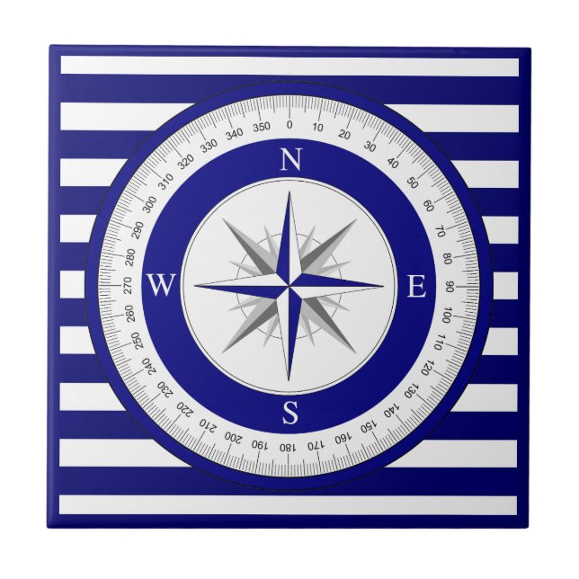 Compass Rose Nautical Blue and White Stripe Tile (Front)