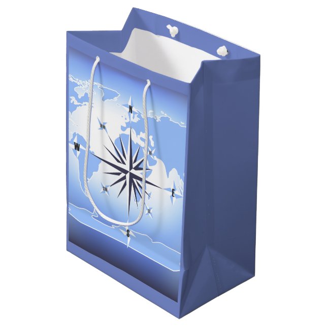 Compass Rose Sailing Ocean Blue Med Gift Bag (Front Angled)