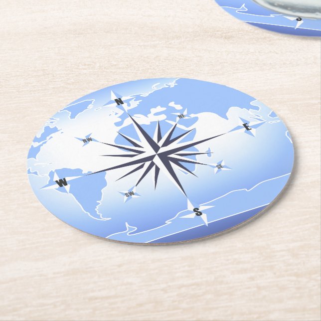 Compass Rose Sailing Ocean Blue Round Coaster (Angled)