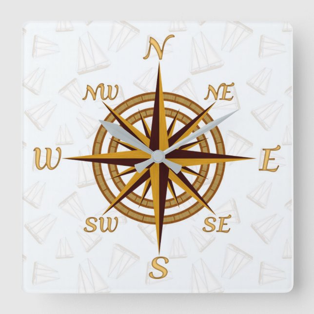 Compass Rose Square Wall Clock (Front)