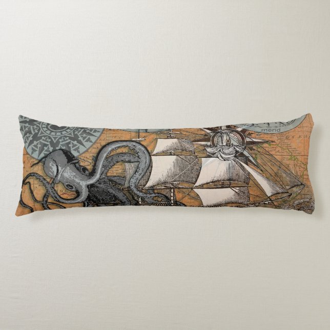 Compass Rose Vintage Nautical Octopus Ship Body Cushion (Front)