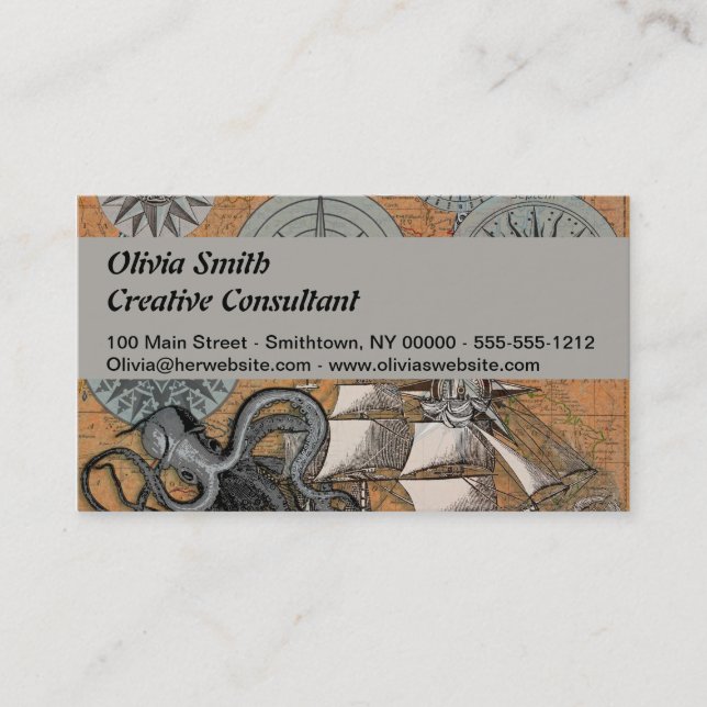 Compass Rose Vintage Nautical Octopus Ship Business Card (Front)