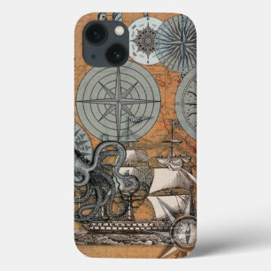 Compass Rose Vintage Nautical Octopus Ship iPhone 13 Case