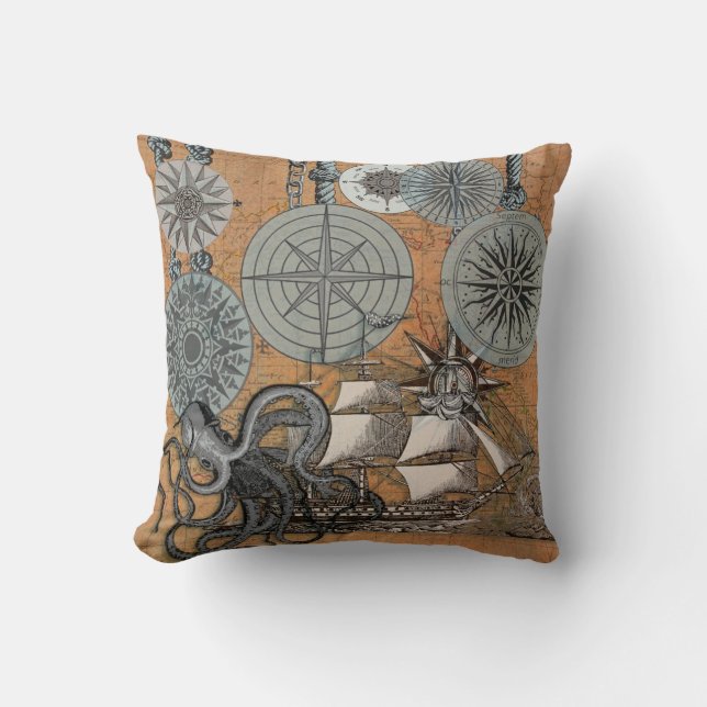 Compass Rose Vintage Nautical Octopus Ship Cushion (Front)