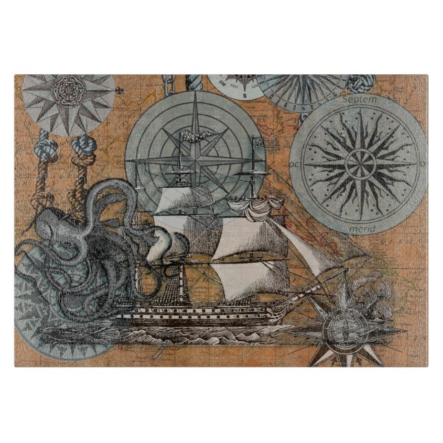 Compass Rose Vintage Nautical Octopus Ship Cutting Board (Front)