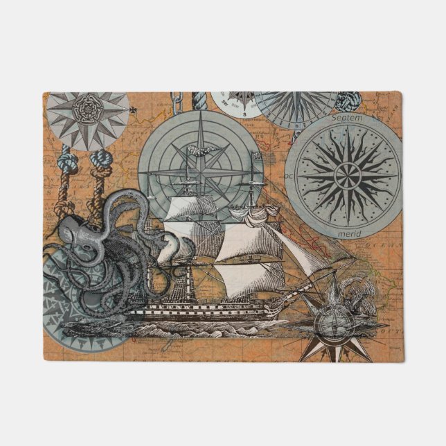 Compass Rose Vintage Nautical Octopus Ship Doormat (Front)