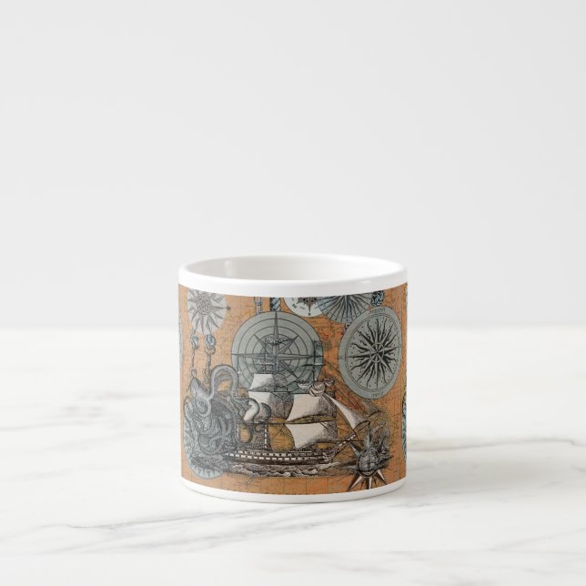Compass Rose Vintage Nautical Octopus Ship Espresso Cup (Front)