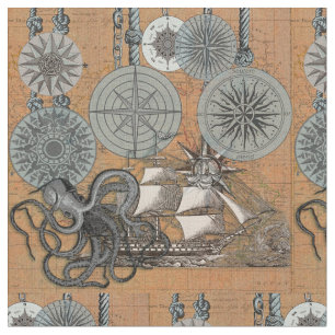 Compass Rose Vintage Nautical Octopus Ship Fabric