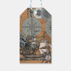 Compass Rose Vintage Nautical Octopus Ship Gift Tags