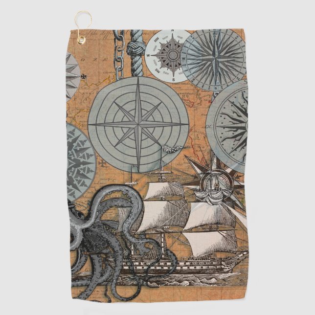 Compass Rose Vintage Nautical Octopus Ship Golf Towel (Front)