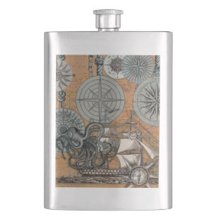 Compass Rose Vintage Nautical Octopus Ship Hip Flask