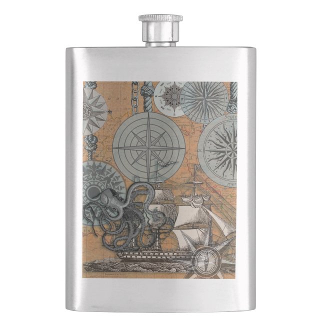 Compass Rose Vintage Nautical Octopus Ship Hip Flask (Front)