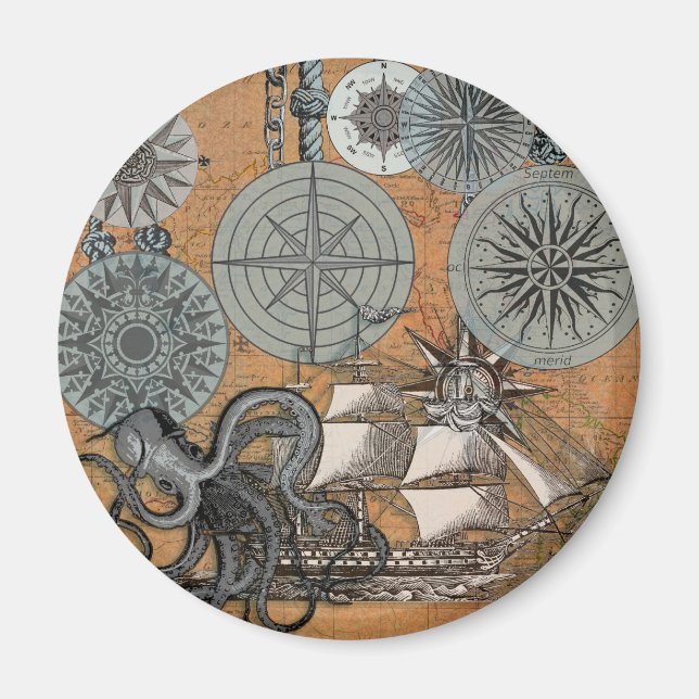 Compass Rose Vintage Nautical Octopus Ship Magnet (Front)