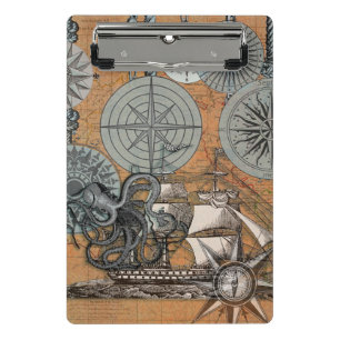Compass Rose Vintage Nautical Octopus Ship Mini Clipboard