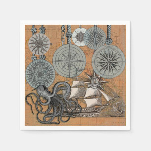 Compass Rose Vintage Nautical Octopus Ship Napkin