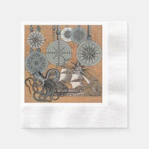 Compass Rose Vintage Nautical Octopus Ship Napkin