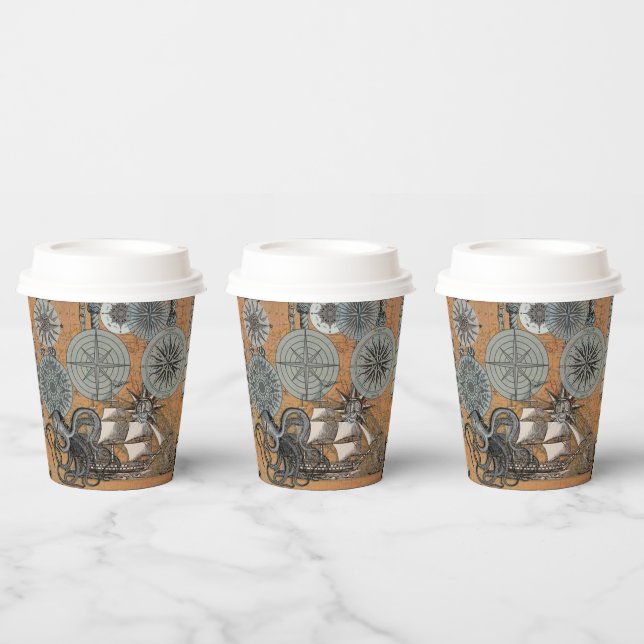 Compass Rose Vintage Nautical Octopus Ship Paper Cups (Multi)