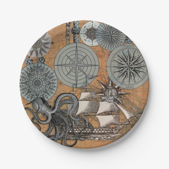 Compass Rose Vintage Nautical Octopus Ship Paper Plate (Front)