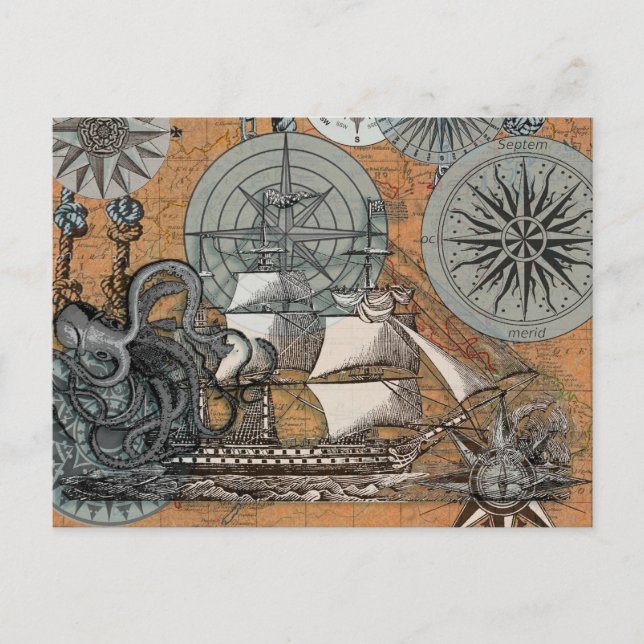 Compass Rose Vintage Nautical Octopus Ship Postcard (Front)