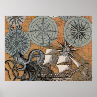 Compass Rose Vintage Nautical Octopus Ship