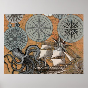 Compass Rose Vintage Nautical Octopus Ship Poster