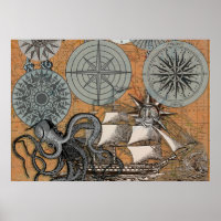 Compass Rose Vintage Nautical Octopus Ship