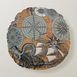 Compass Rose Vintage Nautical Octopus Ship Round Cushion