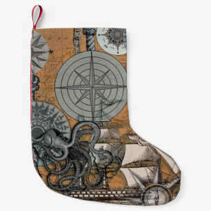 Compass Rose Vintage Nautical Octopus Ship Small Christmas Stocking