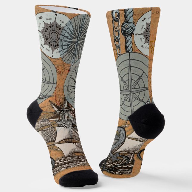 Compass Rose Vintage Nautical Octopus Ship Socks (Angled)
