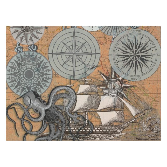 Compass Rose Vintage Nautical Octopus Ship Tablecloth (Front (Horizontal))