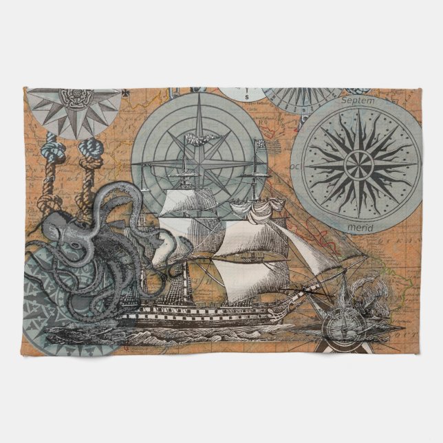 Compass Rose Vintage Nautical Octopus Ship Tea Towel (Horizontal)