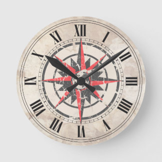 Compass Rose with Globe, Distressed Round Clock