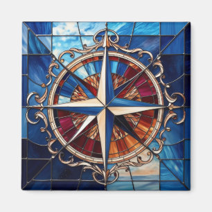 Compass Rose with Scroll Border Stained-Glass Look Magnet