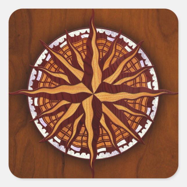 Compass Rose Wood Square Sticker (Front)