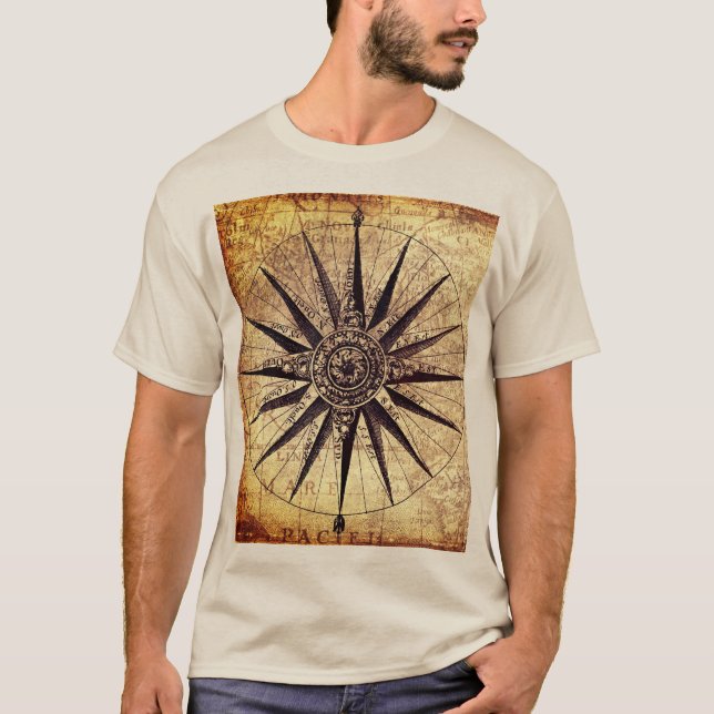 Compass Sailing Ship Discovery Age World Map T-Shirt (Front)