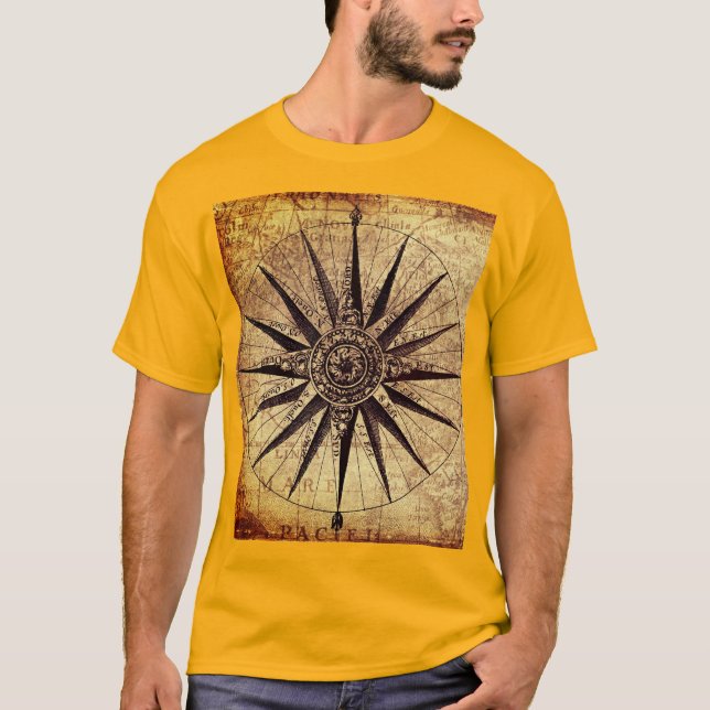 Compass Sailing Ship Discovery Age World Map T-Shirt (Front)