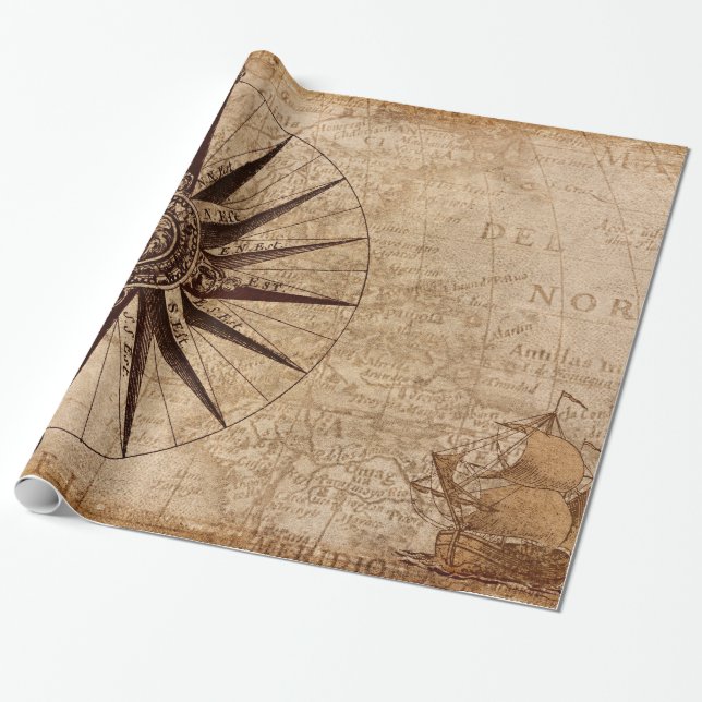 Compass Sailing Ship Discovery Age World Map Wrapping Paper (Unrolled)