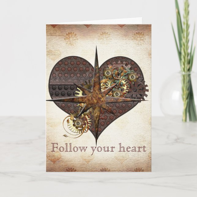 Compass Star and Heart Steampunk Valentine Holiday Card (Front)