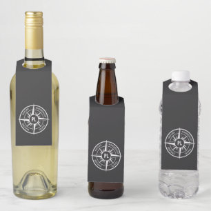 Compass star emblem monogram black and white  bottle tag