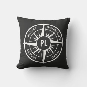 Compass star emblem monogram black and white cushion