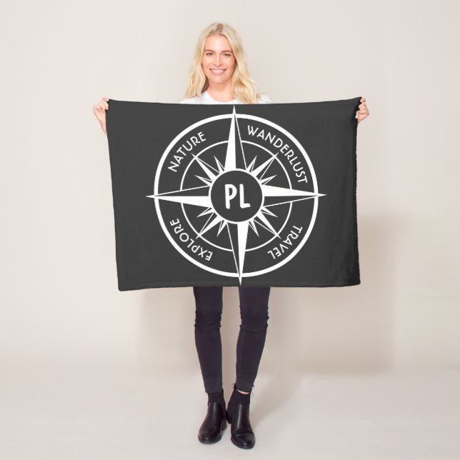 Compass star emblem monogram black and white fleece blanket (In Situ)