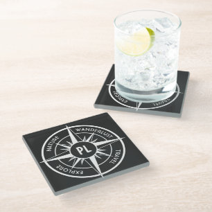 Compass star emblem monogram black and white glass coaster