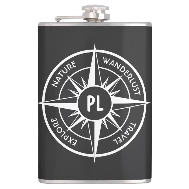 Compass star emblem monogram black and white hip flask (Front)