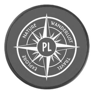 Compass star emblem monogram black and white hockey puck