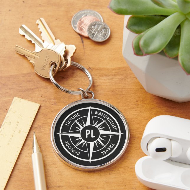 Compass star emblem monogram black and white key ring (Desk)