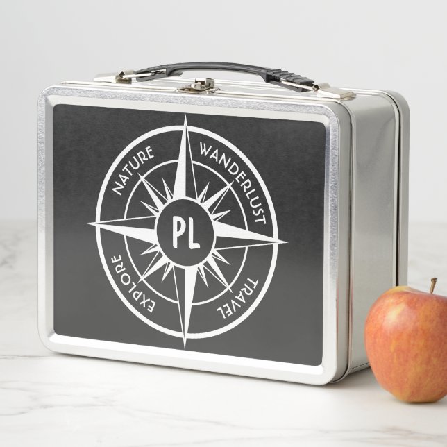 Compass star emblem monogram black and white  metal lunch box (In Situ)