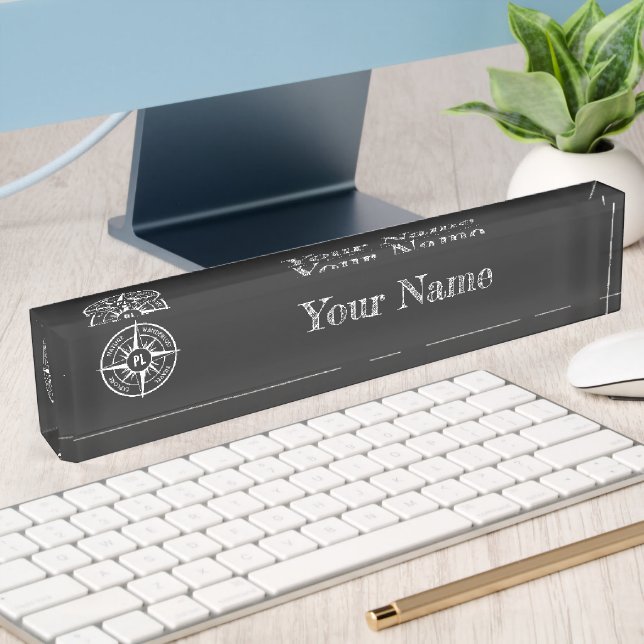 Compass star emblem monogram black and white nameplate